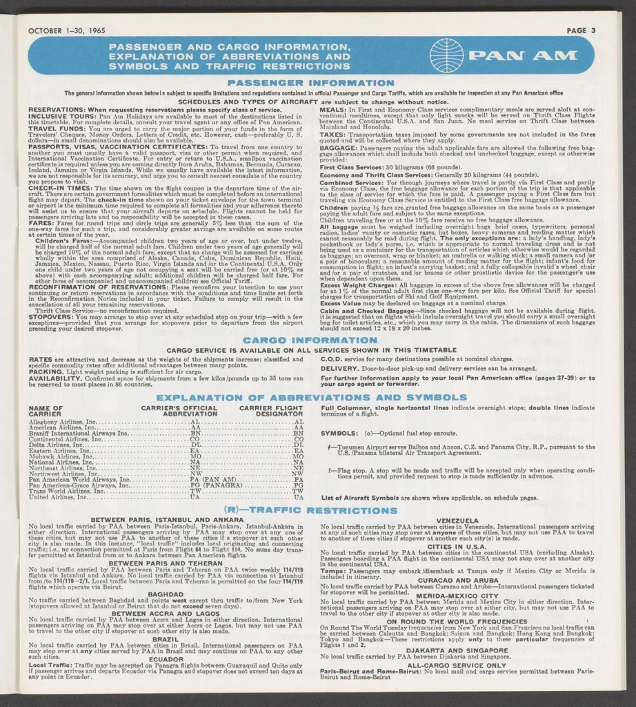 Pan Am’s October 1965 passenger-information page, including baggage allowances and the exemption for small cameras and binoculars.