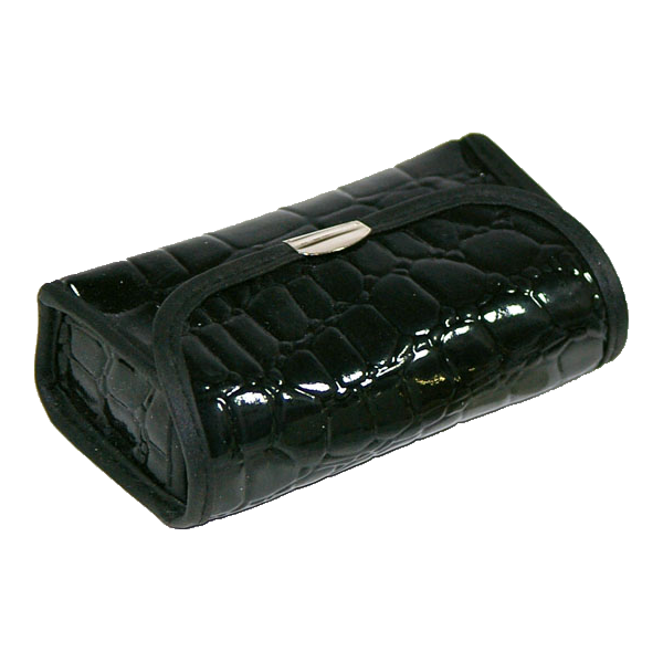 Black crocodile-pattern opera-glasses case with a silver-toned clasp.