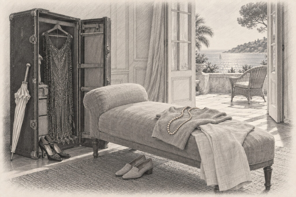 Pencil drawing of an open wardrobe trunk with an evening dress, beside knitwear, trousers and pearls on a chaise facing a sea terrace.