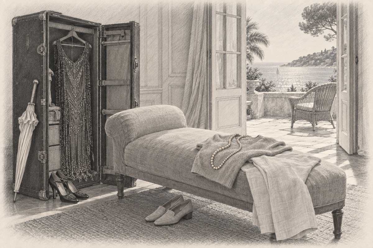 Pencil drawing of an open wardrobe trunk with an evening dress, beside knitwear, trousers and pearls on a chaise facing a sea terrace.