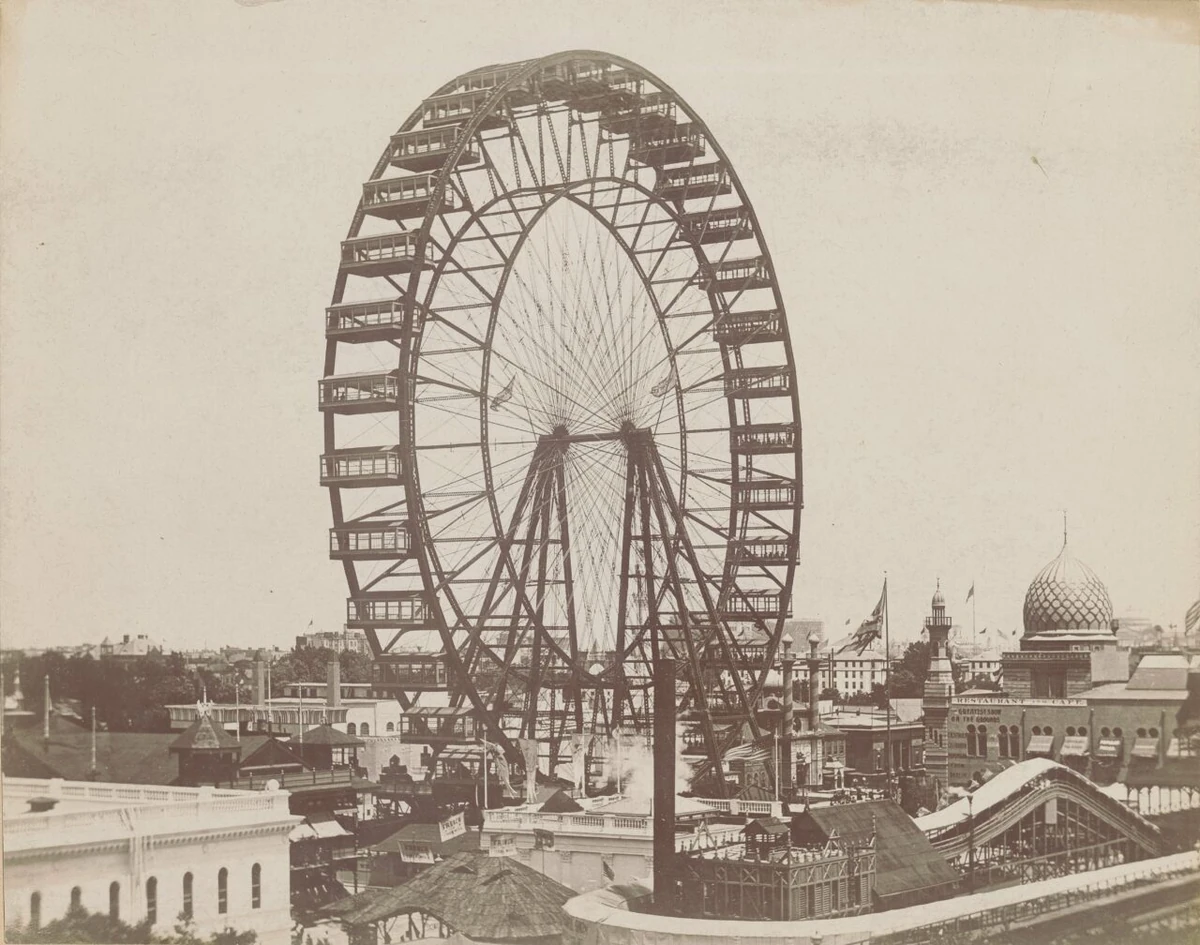 The original Ferris Wheel rises above the pavilions of Chicago’s World’s Columbian Exposition.