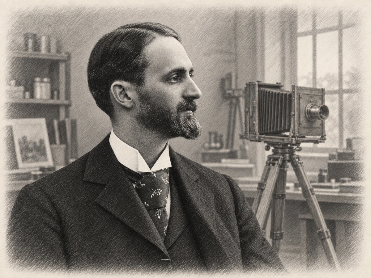 Graphite portrait of George Eastman looking right toward a wooden bellows camera on a tripod behind his shoulder.