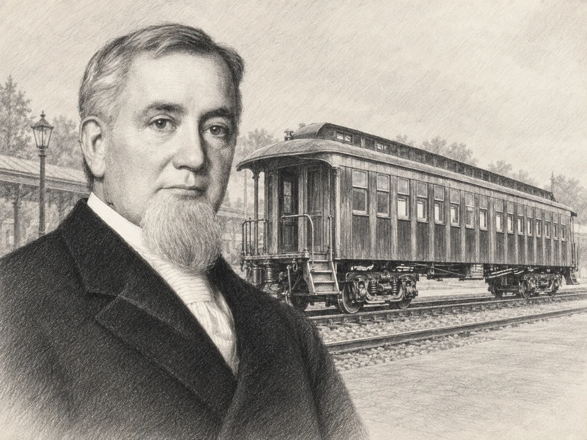 Graphite portrait of George Pullman with a wooden sleeping carriage, its wheels and railway tracks visible behind his shoulder.