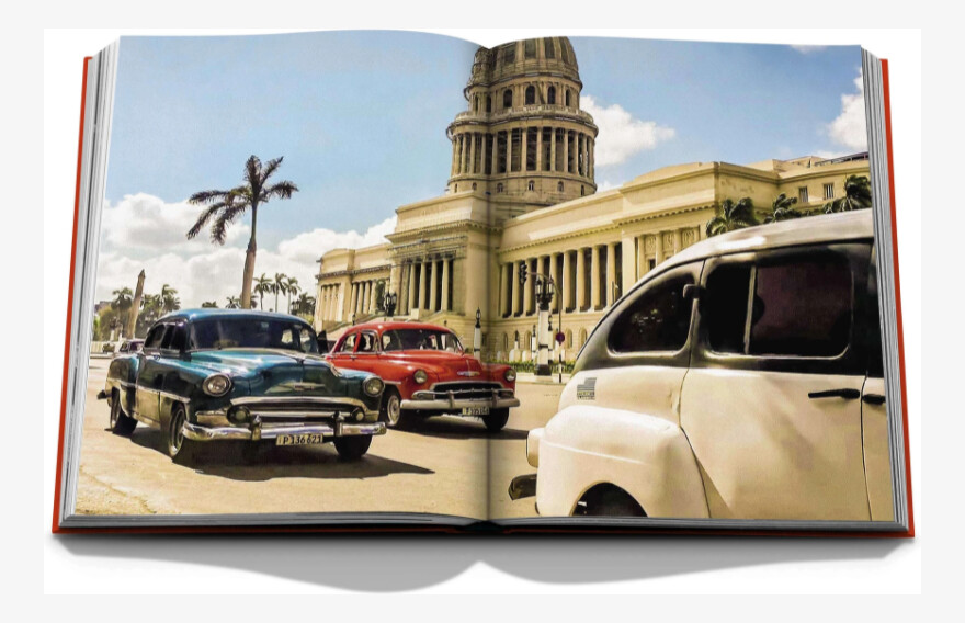 An open spread showing vintage cars passing Havana’s domed Capitol building.