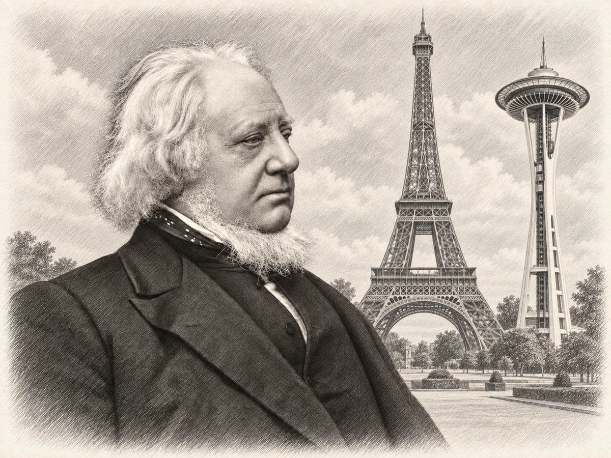 Graphite portrait of Henry Cole with the Eiffel Tower and Seattle’s Space Needle standing together in an imagined plaza.