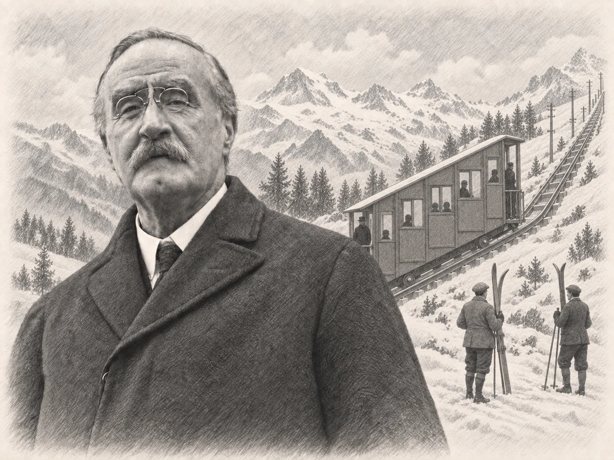 Graphite portrait of Henry Lunn with an early wooden funicular climbing a snowy slope and two skiers behind his shoulder.