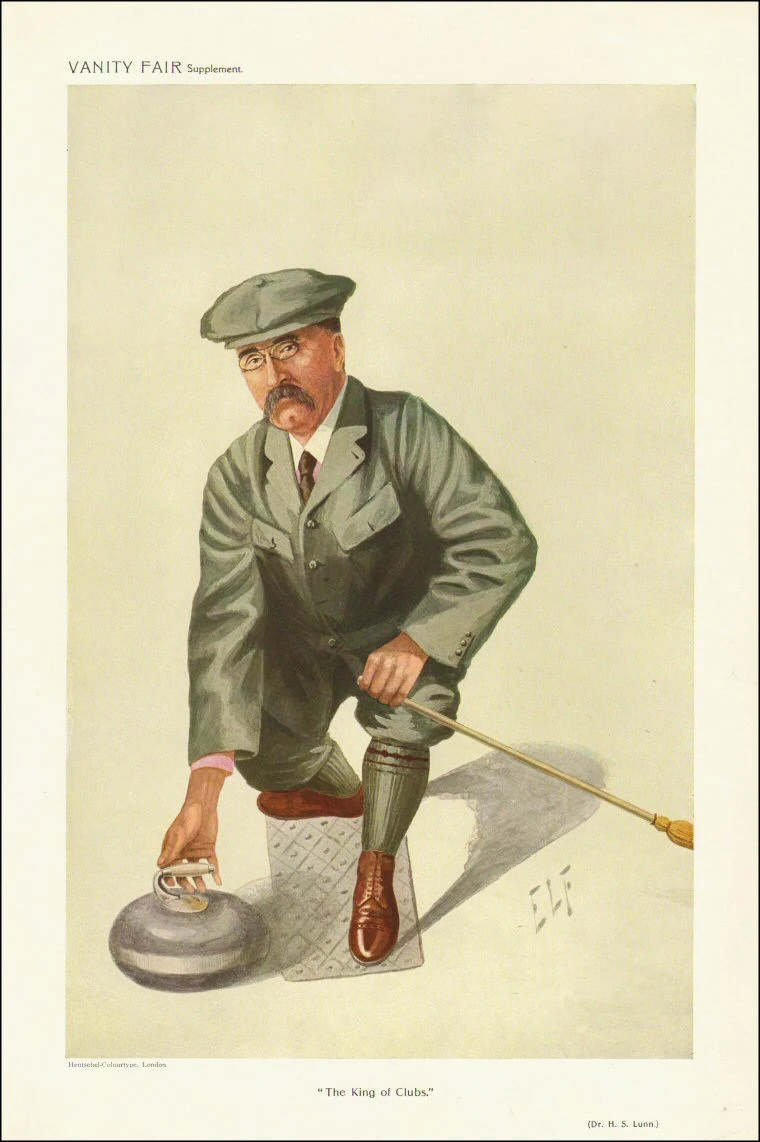 Caricature of Henry Lunn in a cap, spectacles and knickerbockers, crouching over a curling stone.