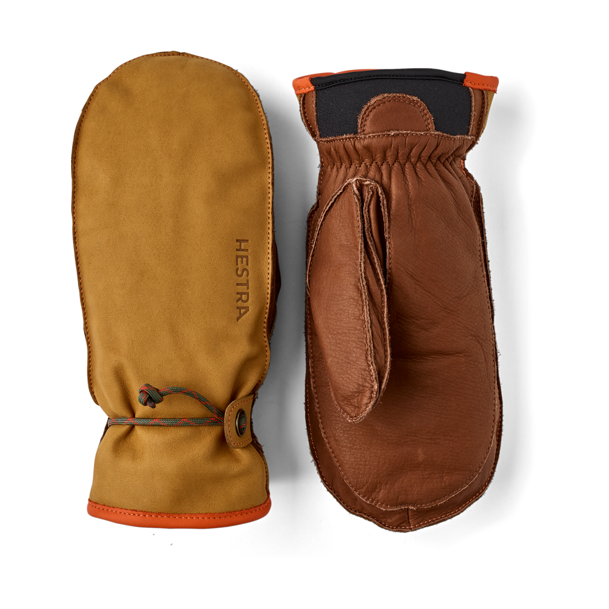 Cork-and-brown Hestra Wakayama mittens showing the leather back and palm.