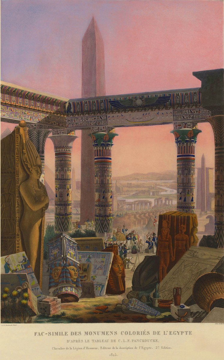 A colourful engraved frontispiece showing an imaginary panorama of Egyptian monuments, obelisks and temples framed by a carved gateway.