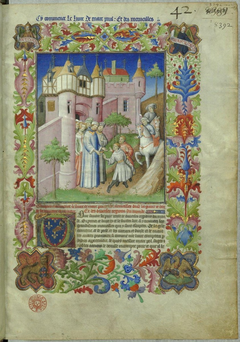 A richly illuminated manuscript page with a painted miniature of travellers before a castle, framed by dense borders of leaves and flowers.