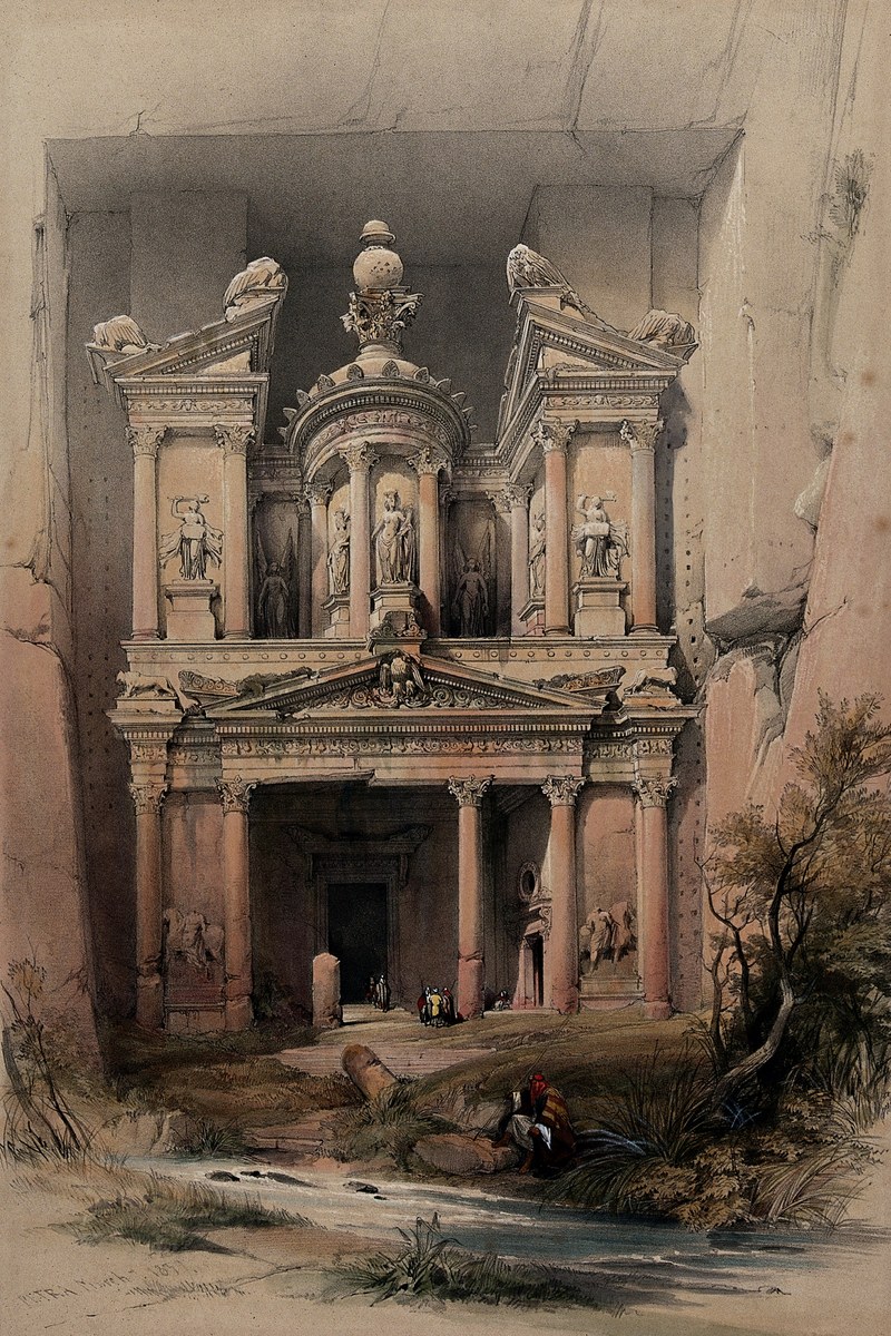 A tinted lithograph of the rose-coloured rock-cut facade of the Treasury at Petra, with small figures resting at its base.