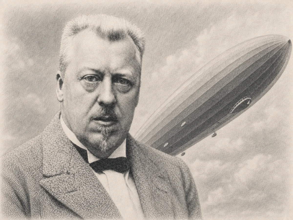 Graphite portrait of Hugo Eckener with a large rigid Zeppelin climbing diagonally behind his right shoulder toward the upper-right corner.