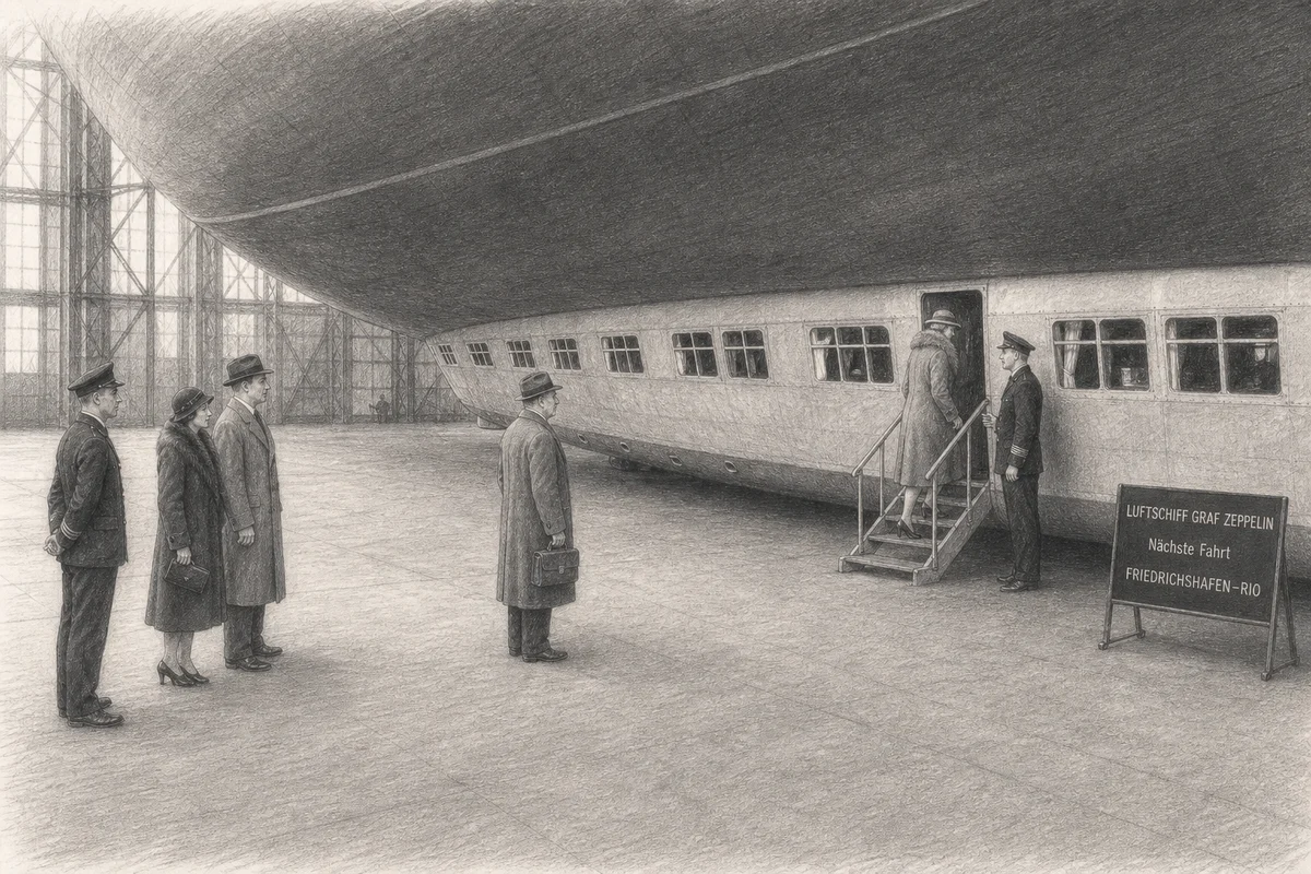 Graphite illustration of four 1930s passengers boarding Graf Zeppelin inside the Friedrichshafen hangar beside a schedule board for the Rio service.