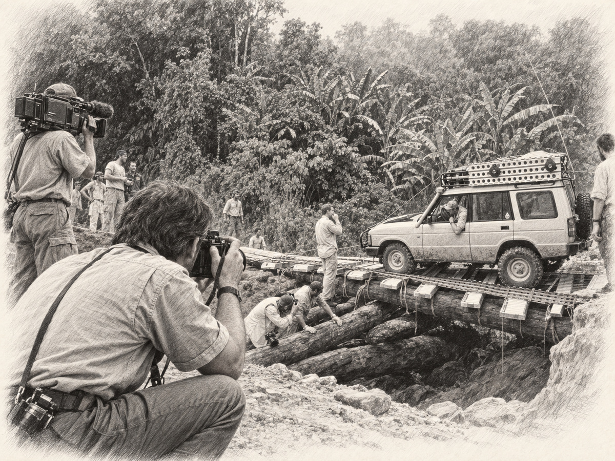 Graphite illustration of a photographer and a cameraman recording a Land Rover crossing a timber bridge in tropical forest.