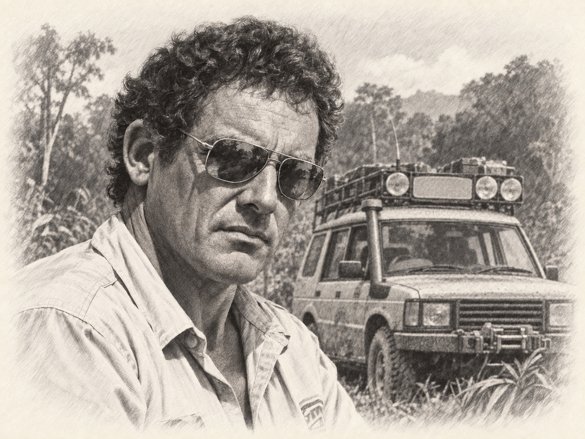 Graphite portrait of Iain Chapman in aviator sunglasses, with an expedition Land Rover Discovery behind his shoulder.