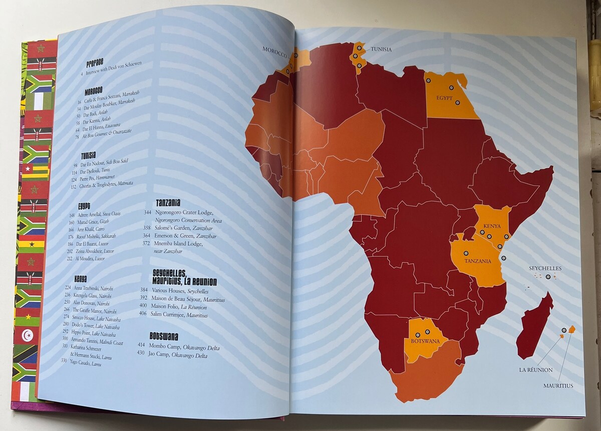 An open spread with the contents listing houses in Kenya and other countries beside a map of Africa highlighting Kenya, Tanzania, Egypt and other featured places.