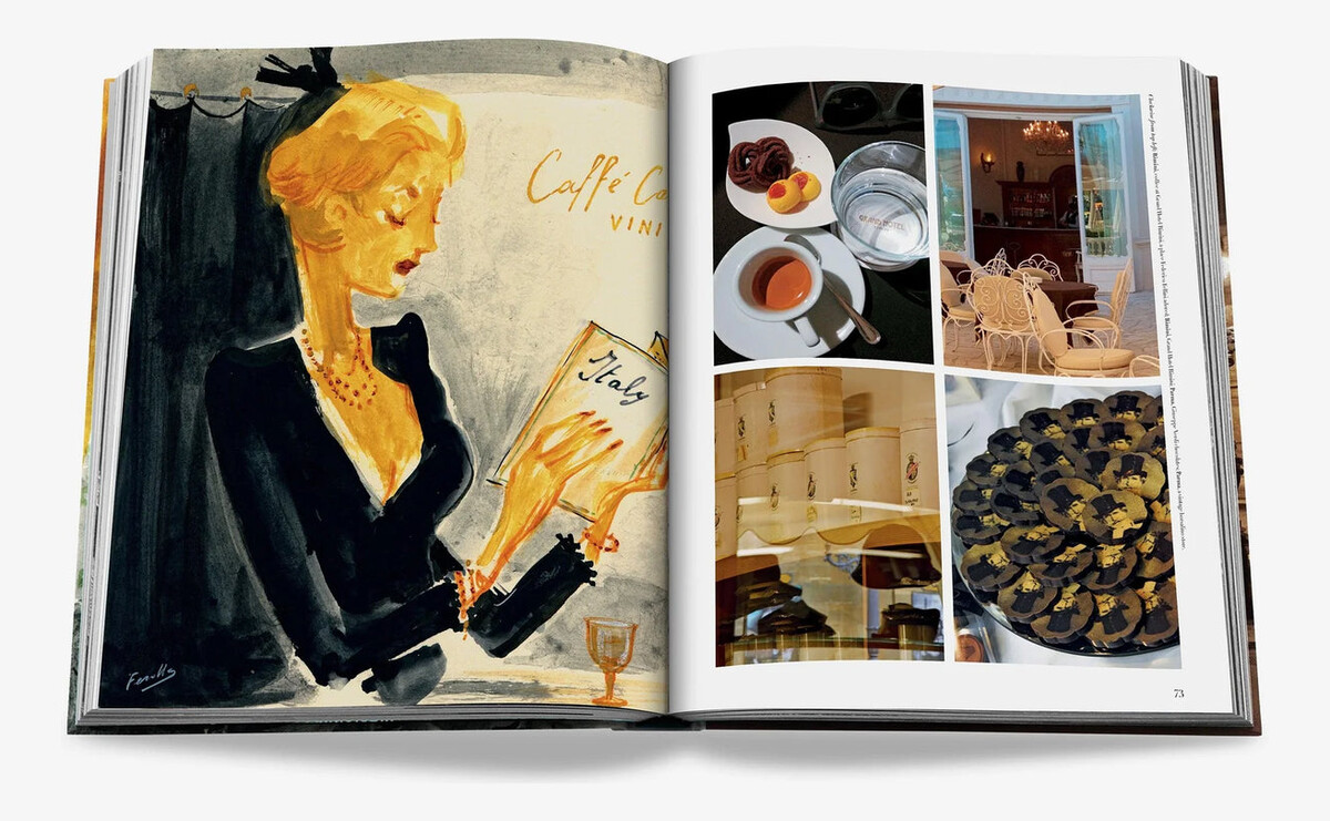 An open spread pairing an illustration of a woman at a café with Italian food and restaurant photographs.