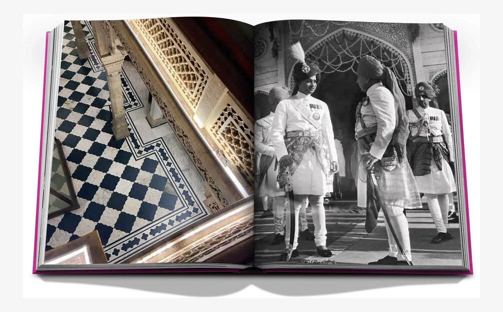 An open spread with a patterned palace floor and a black-and-white photograph of formally dressed guests.
