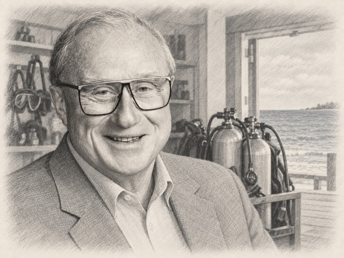 Graphite portrait of John Cronin with scuba cylinders in a dive shop behind his shoulder and the sea beyond.