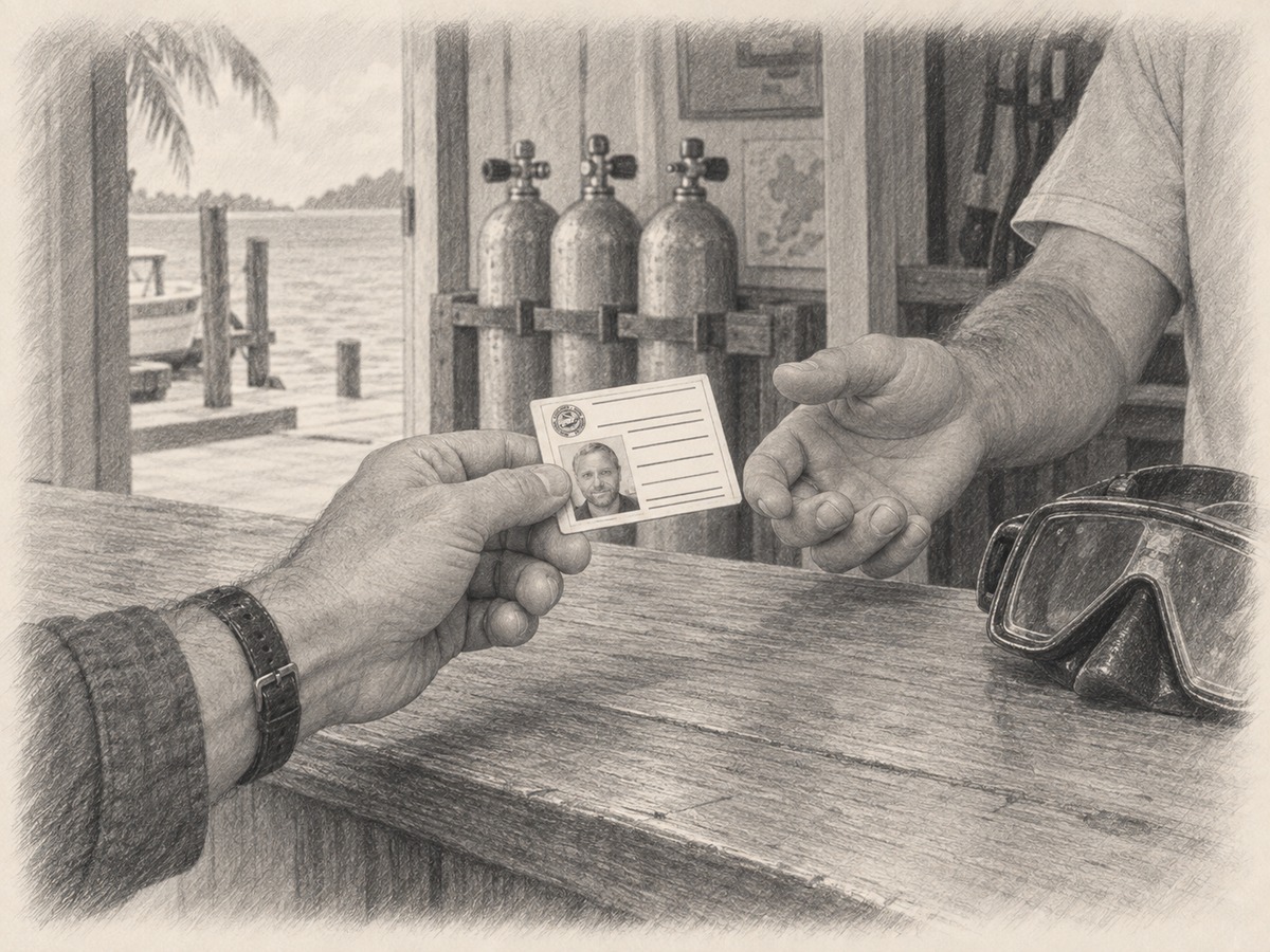Pencil drawing of a traveller handing a photo certification card across a dive-shop counter, with scuba cylinders behind it.