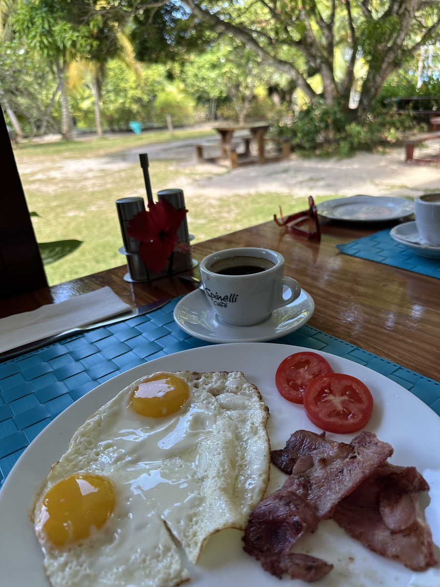 Eggs, bacon, tomato and coffee on a breakfast table overlooking the garden.