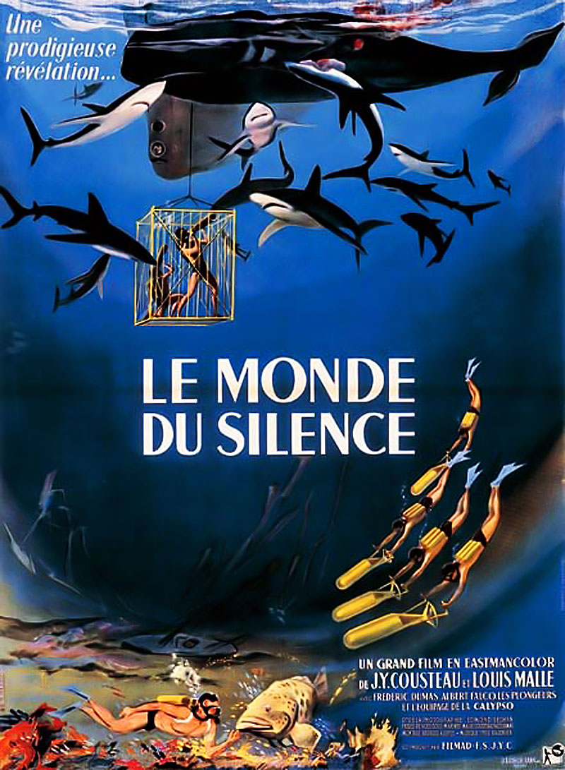 French Le Monde du silence poster showing divers, sharks, a manta ray and an underwater cage against a blue sea.