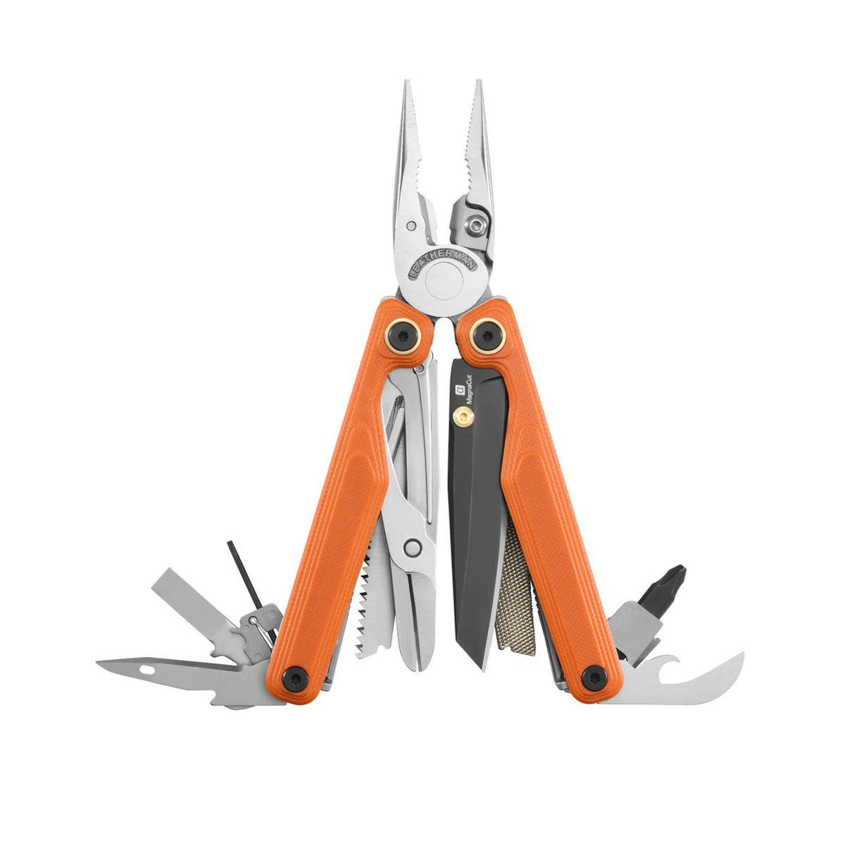 Orange-handled Leatherman Wave Alpha with its pliers and tools unfolded.