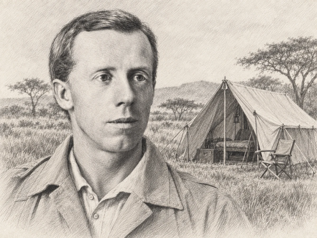 Graphite portrait of Leslie Tarlton with a canvas safari tent and folding chair behind his shoulder.