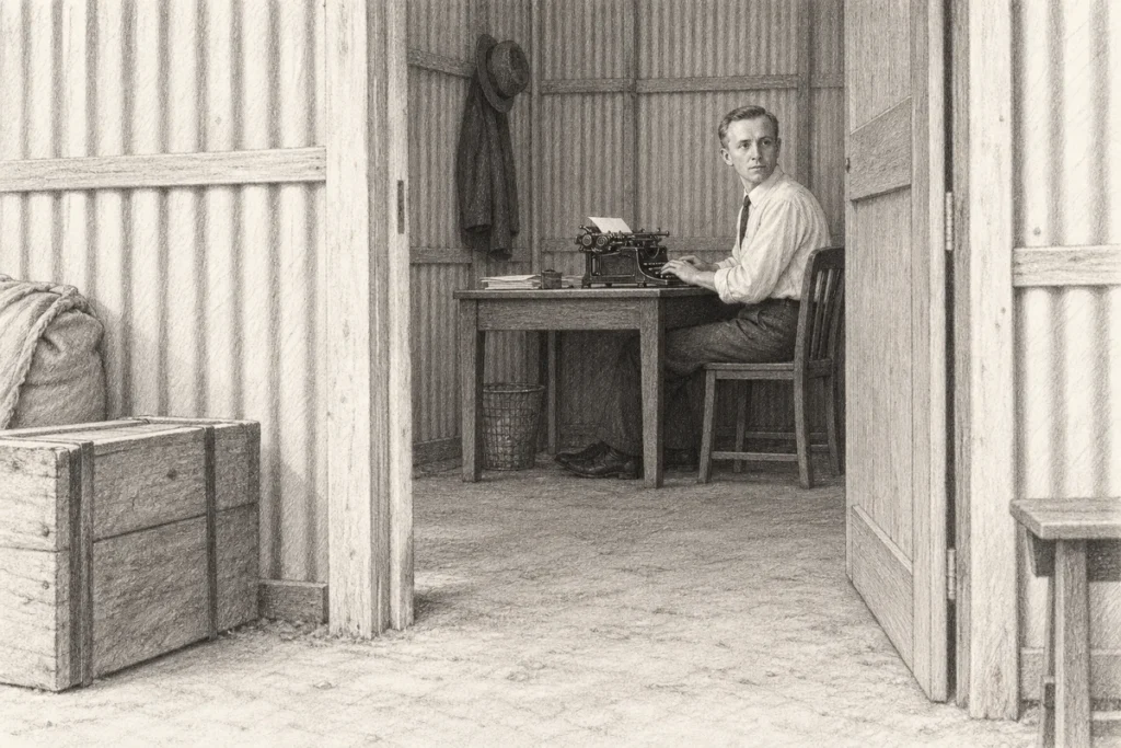 Pencil drawing of a young Leslie Tarlton at a typewriter in a bare corrugated-iron office.