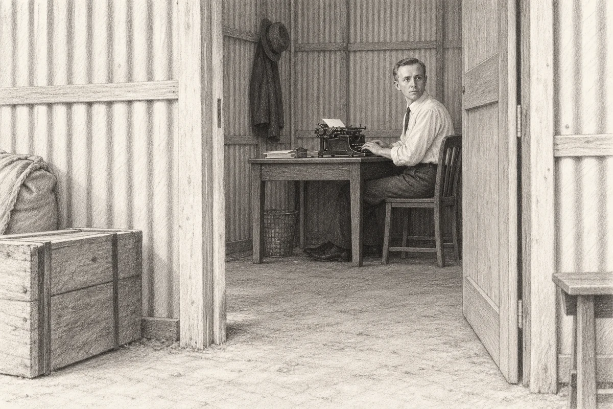 Pencil drawing of a young Leslie Tarlton at a typewriter in a bare corrugated-iron office.