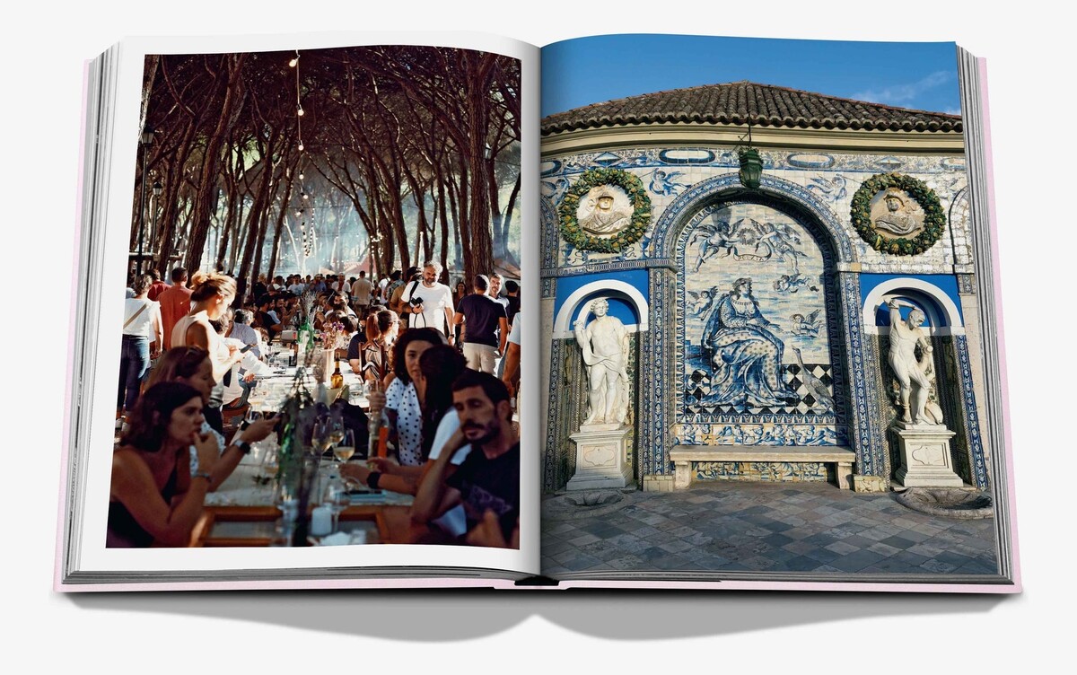 An open spread with an outdoor gathering beneath trees and an ornate blue-and-white tiled fountain.
