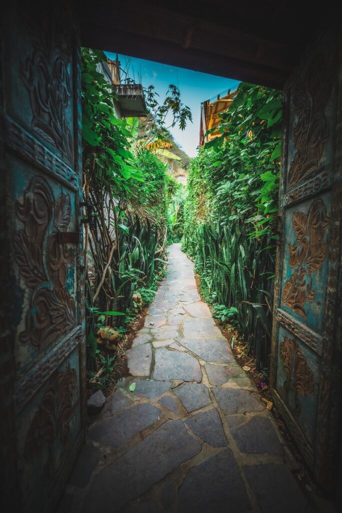 Carved wooden doors opening onto a stone path between dense plants