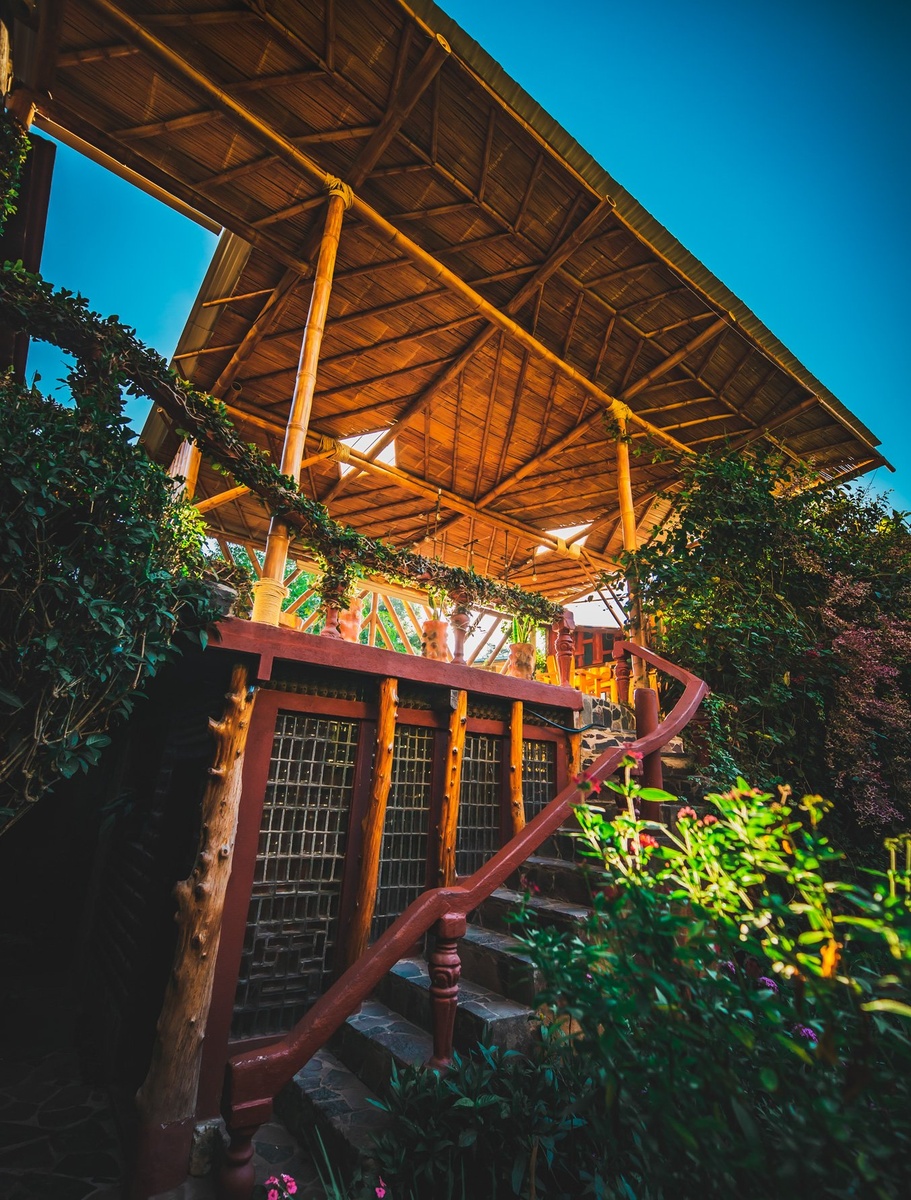 Timber stairs leading to an open-sided restaurant beneath a bamboo roof