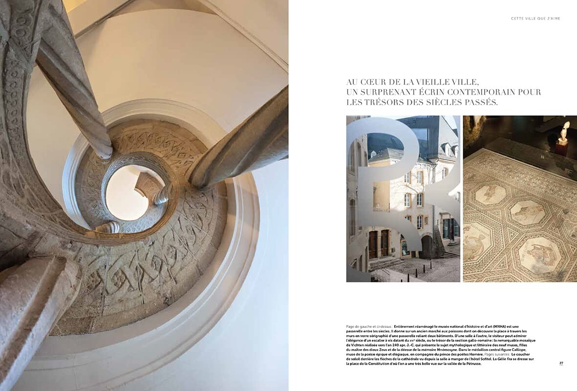 An open spread looking up a carved stone spiral staircase, beside photographs of an old-town street and a Roman floor mosaic.