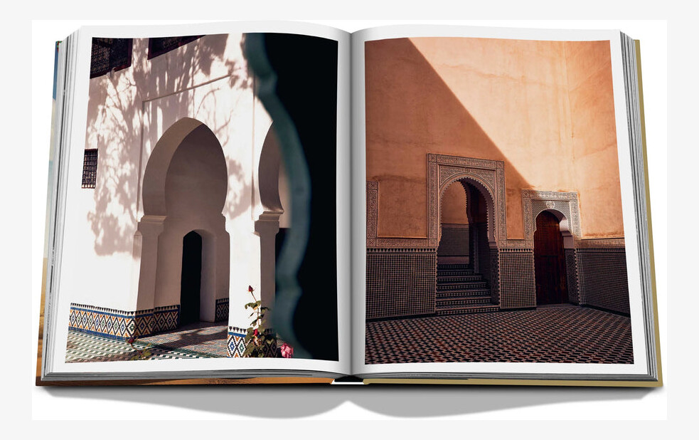 An open spread pairing two Moroccan archways with tiled floors and warm plaster walls.