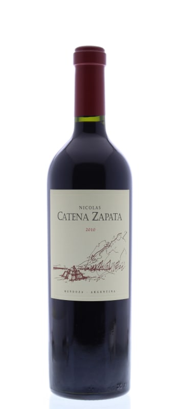 Bottle of Nicolás Catena Zapata with the 2010 vintage printed on its cream label.