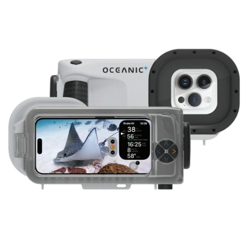 Front and rear views of Oceanic+ Dive Housing with an iPhone camera and dive display.