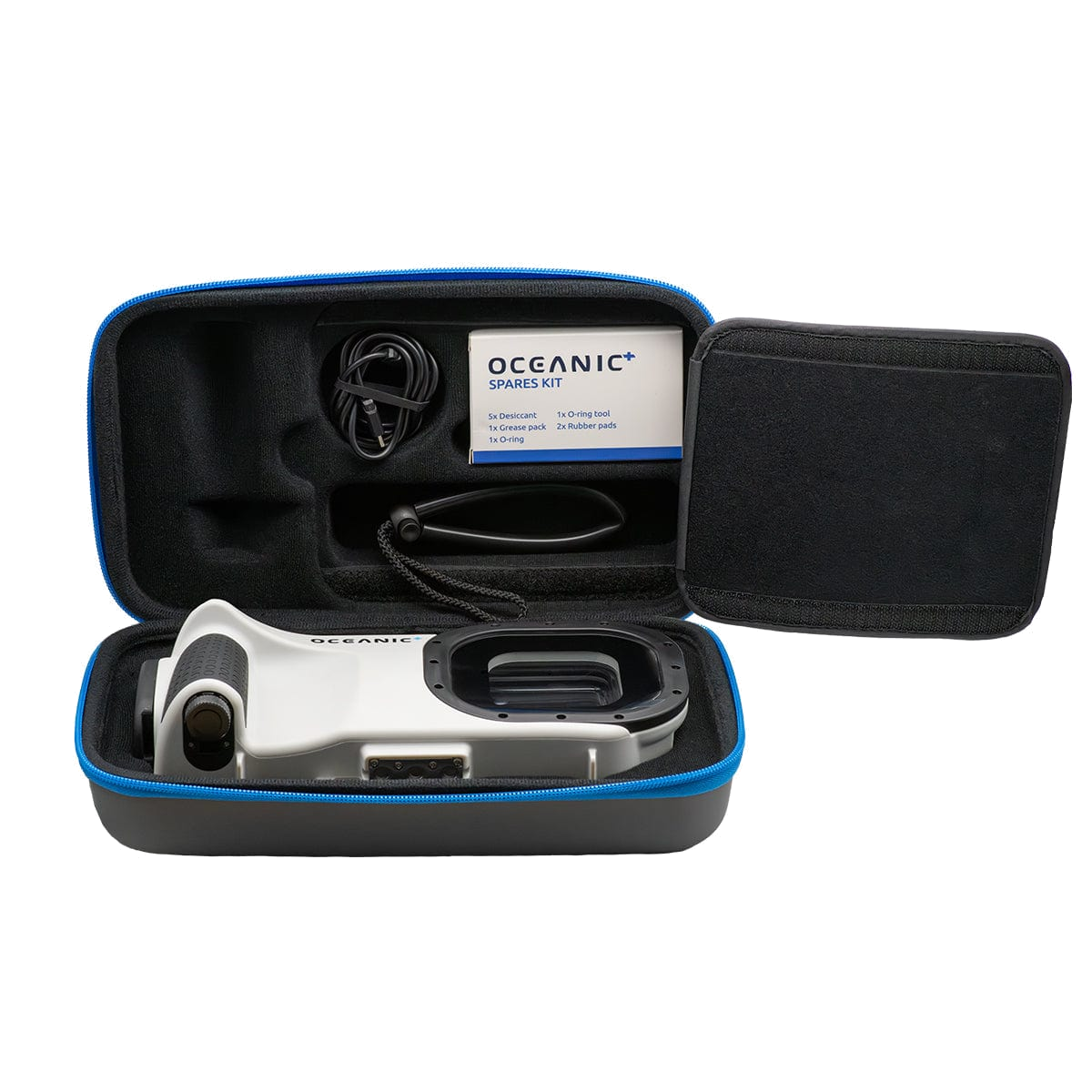 Oceanic+ Dive Housing and accessories inside an open zippered carrying case.