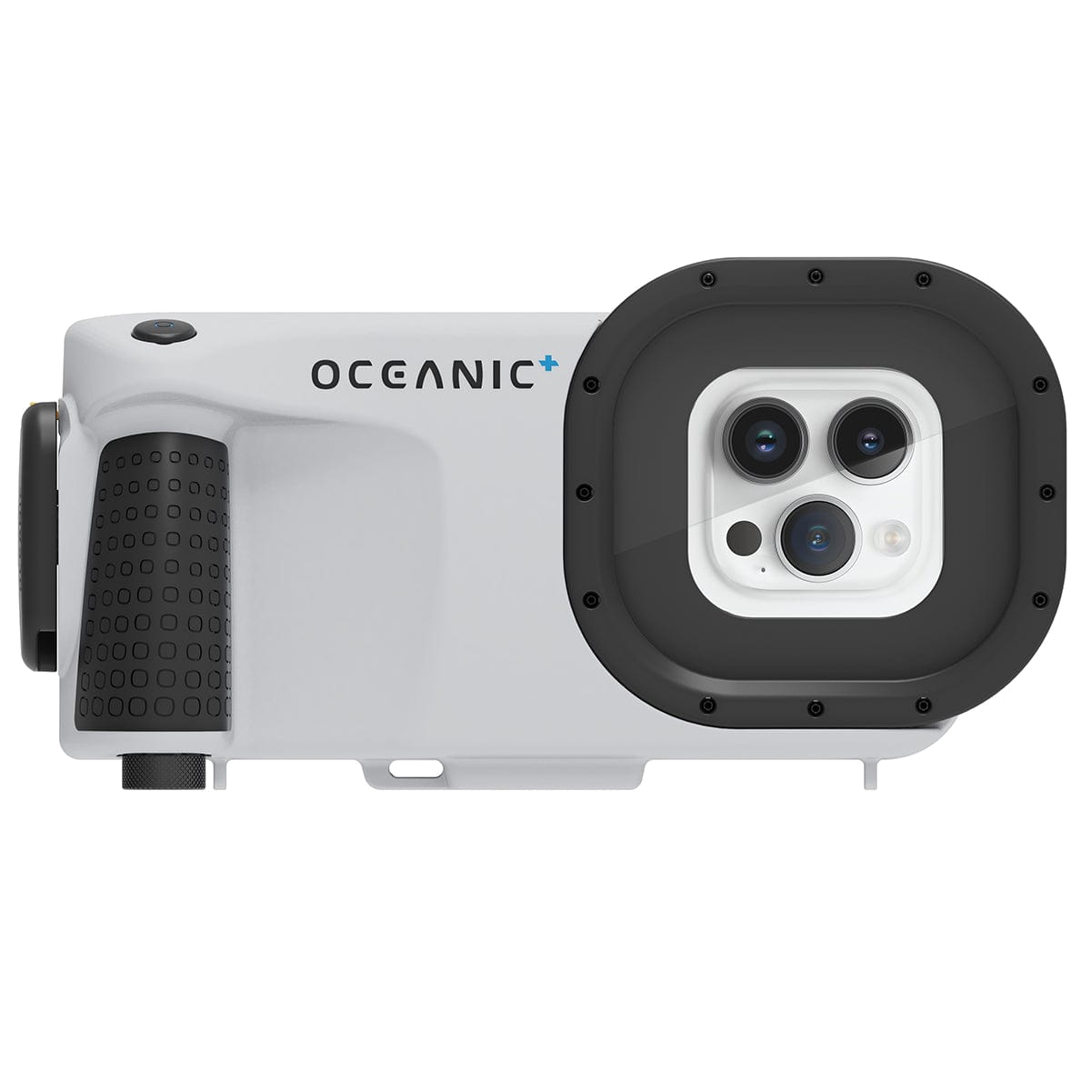 Oceanic+ Dive Housing with its camera window facing forward and an iPhone inside.