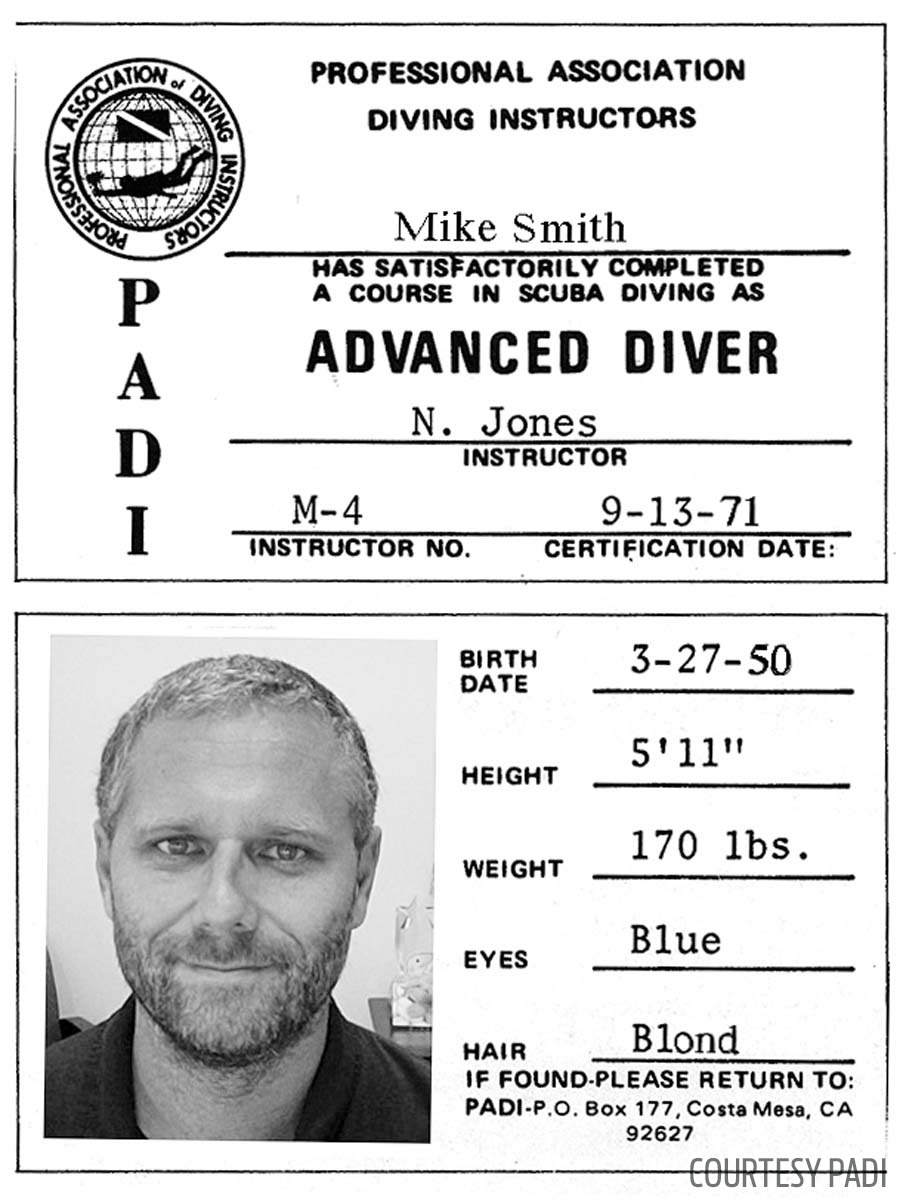 Front and reverse of a PADI Advanced Diver card, with a certification date in 1971 and a photograph on the reverse.