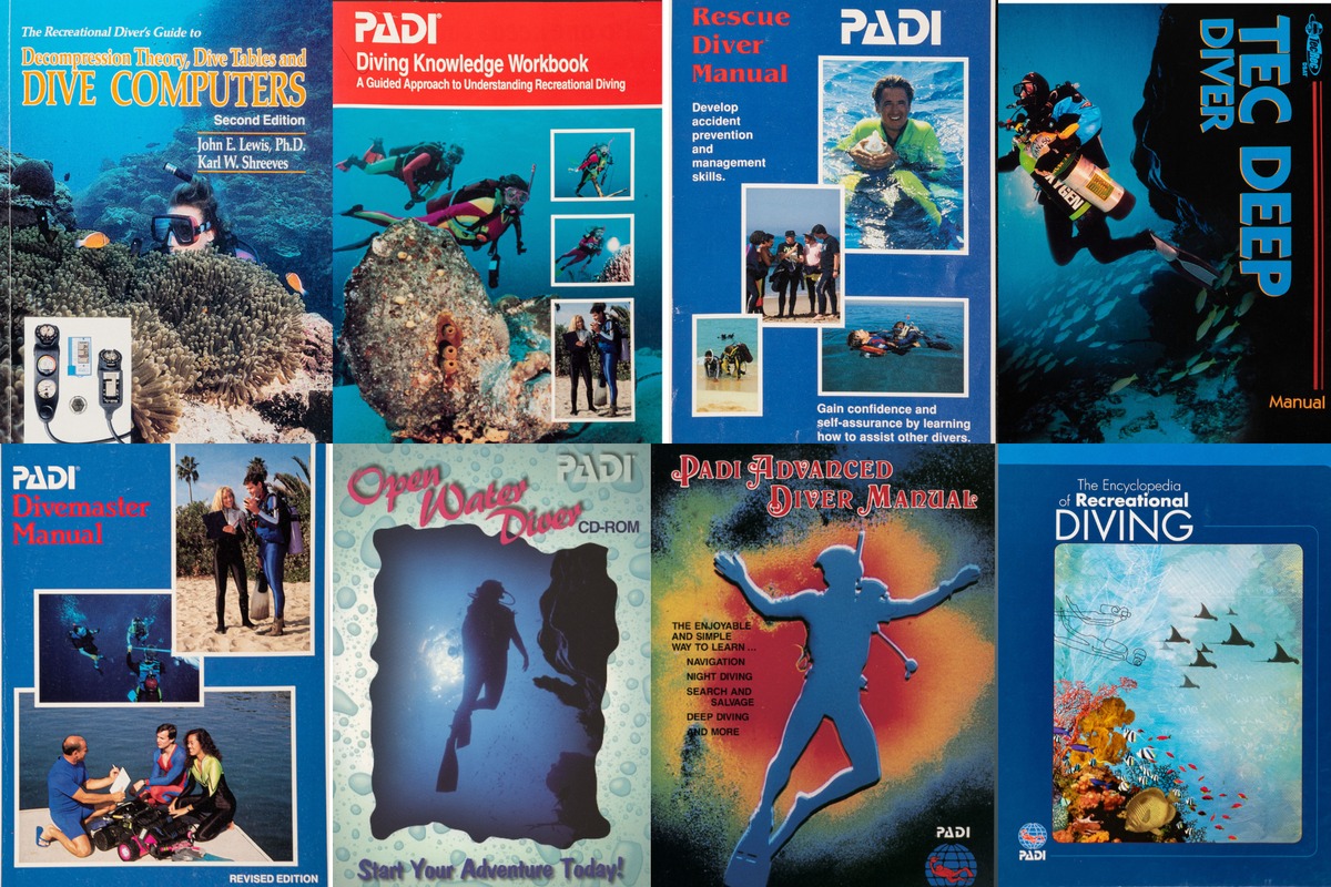 A collection of PADI diving manuals, workbooks and multimedia course covers.