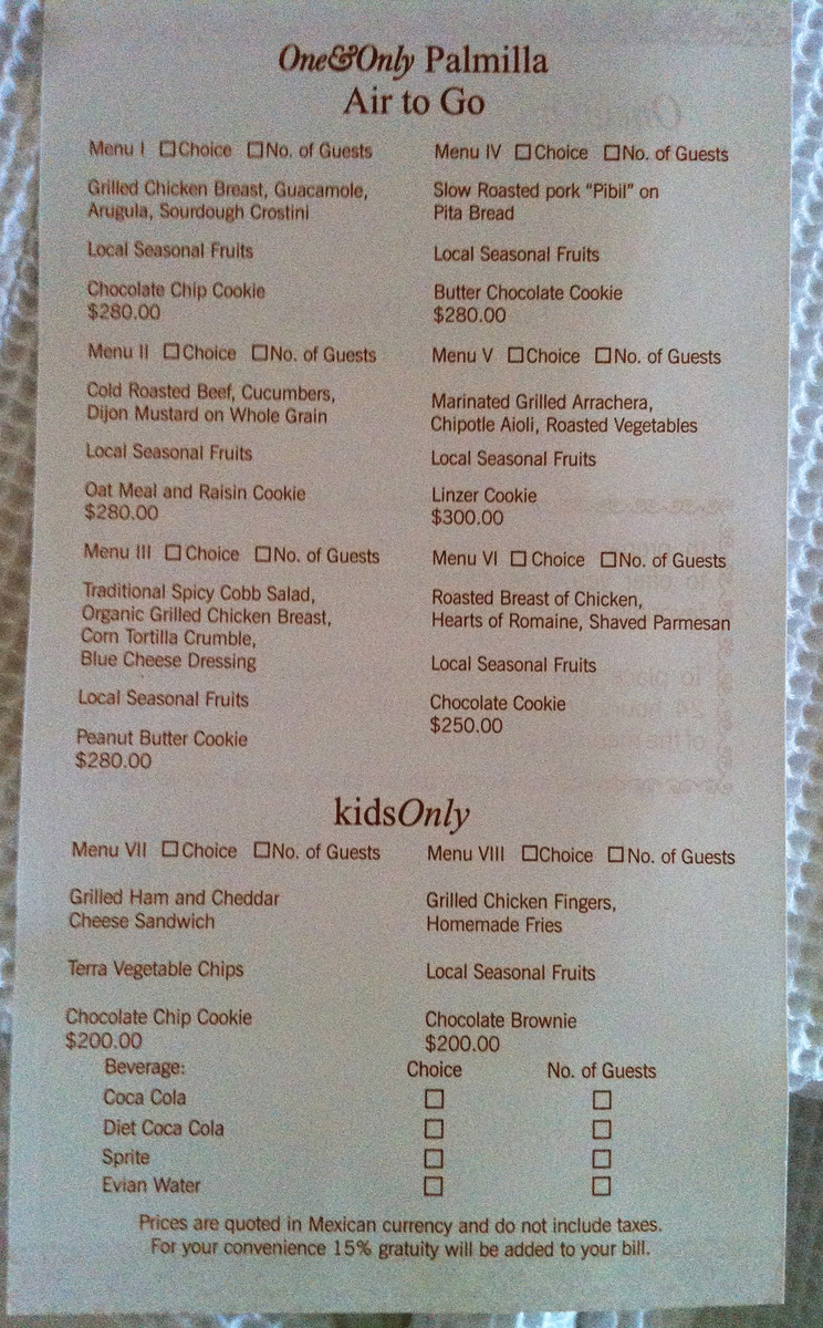 One&Only Palmilla’s printed Air to Go menu, with six adult lunch choices, two children’s menus and drinks.