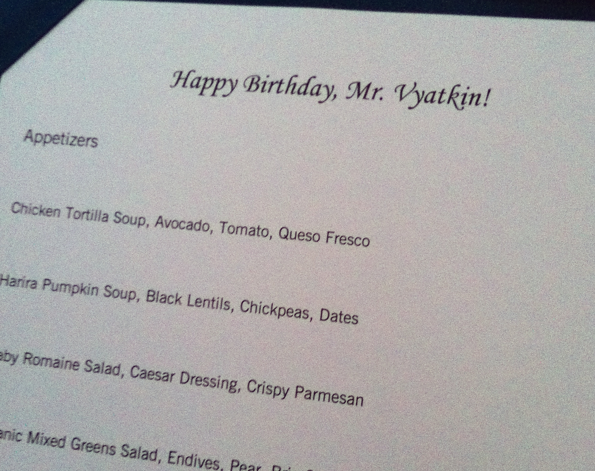 Dinner menu headed “Happy Birthday, Mr. Vyatkin!”