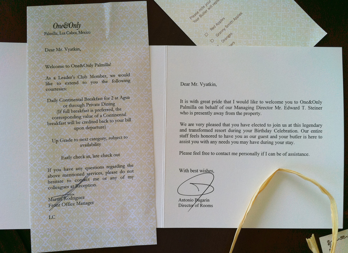 Leaders Club membership welcome beside a management letter for Konstantin’s birthday at One&Only Palmilla.