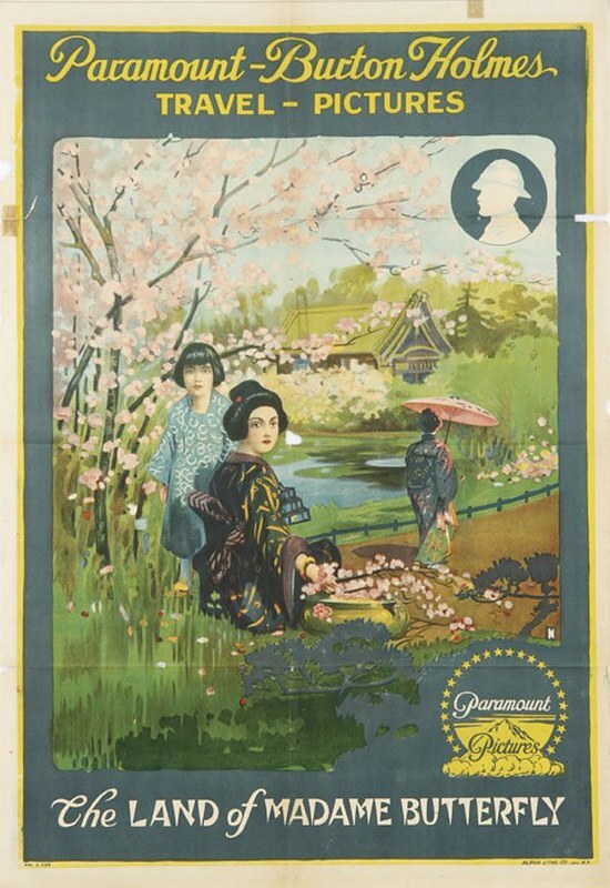 A colour poster for the Paramount-Burton Holmes Travel-Pictures film The Land of Madame Butterfly, with women in kimonos beneath blossoms.