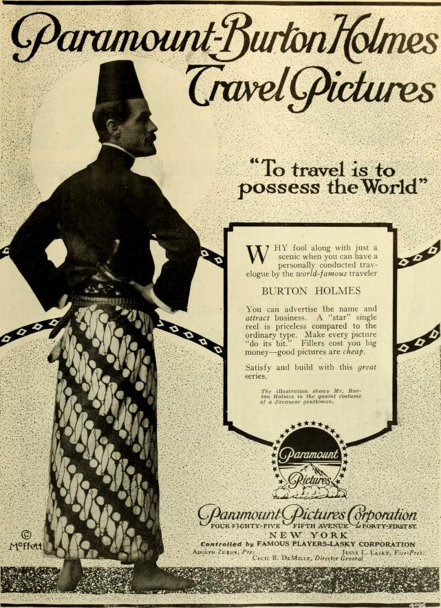 A Paramount trade advertisement showing Burton Holmes in Javanese dress beside advertising copy.
