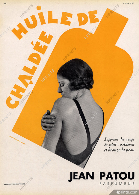A 1930 Jean Patou advertisement combines a photograph of a woman’s bare back with a large yellow bottle silhouette and French lettering.