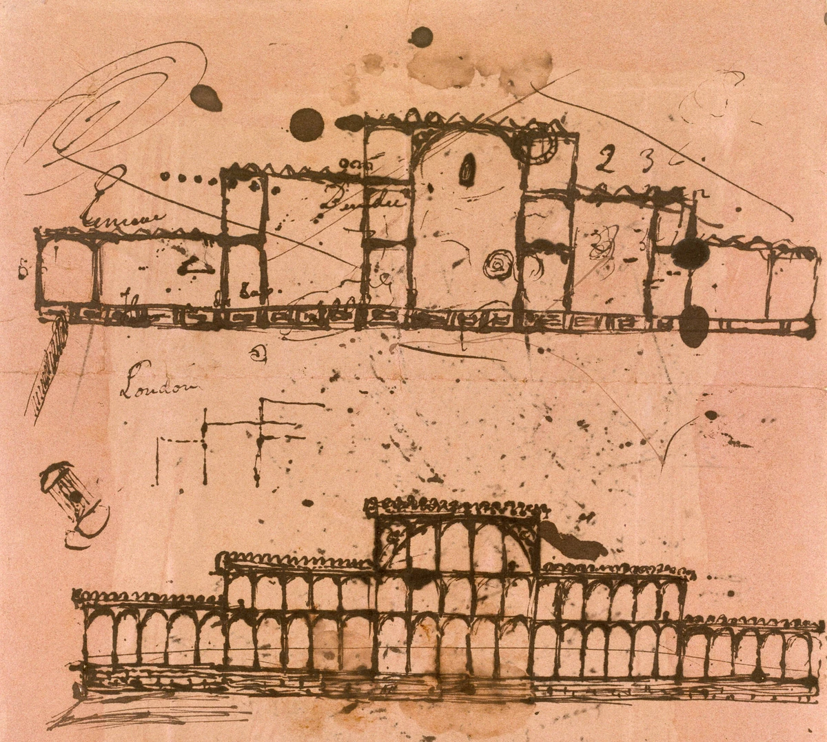 Ink sketches of the Crystal Palace’s elevation and section on a sheet of marked paper.