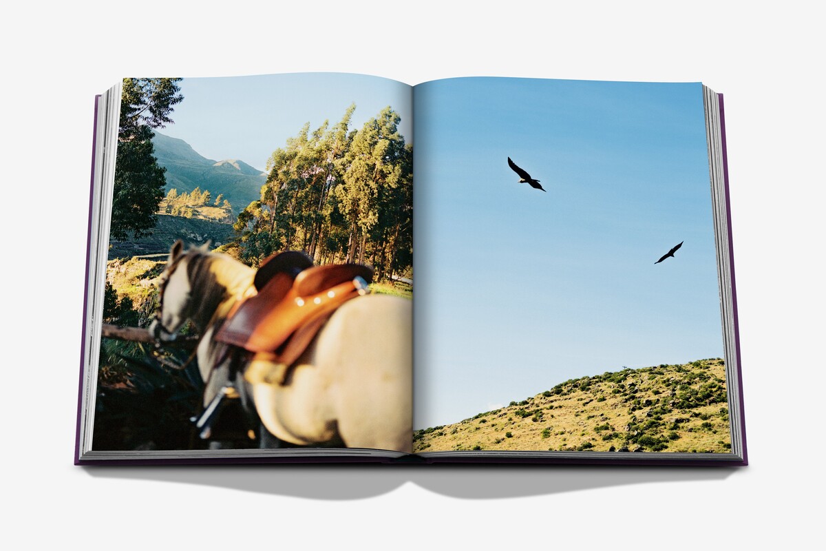An open spread from Peru, showing a saddled horse in a mountain valley and two condors flying above a sunlit hillside.