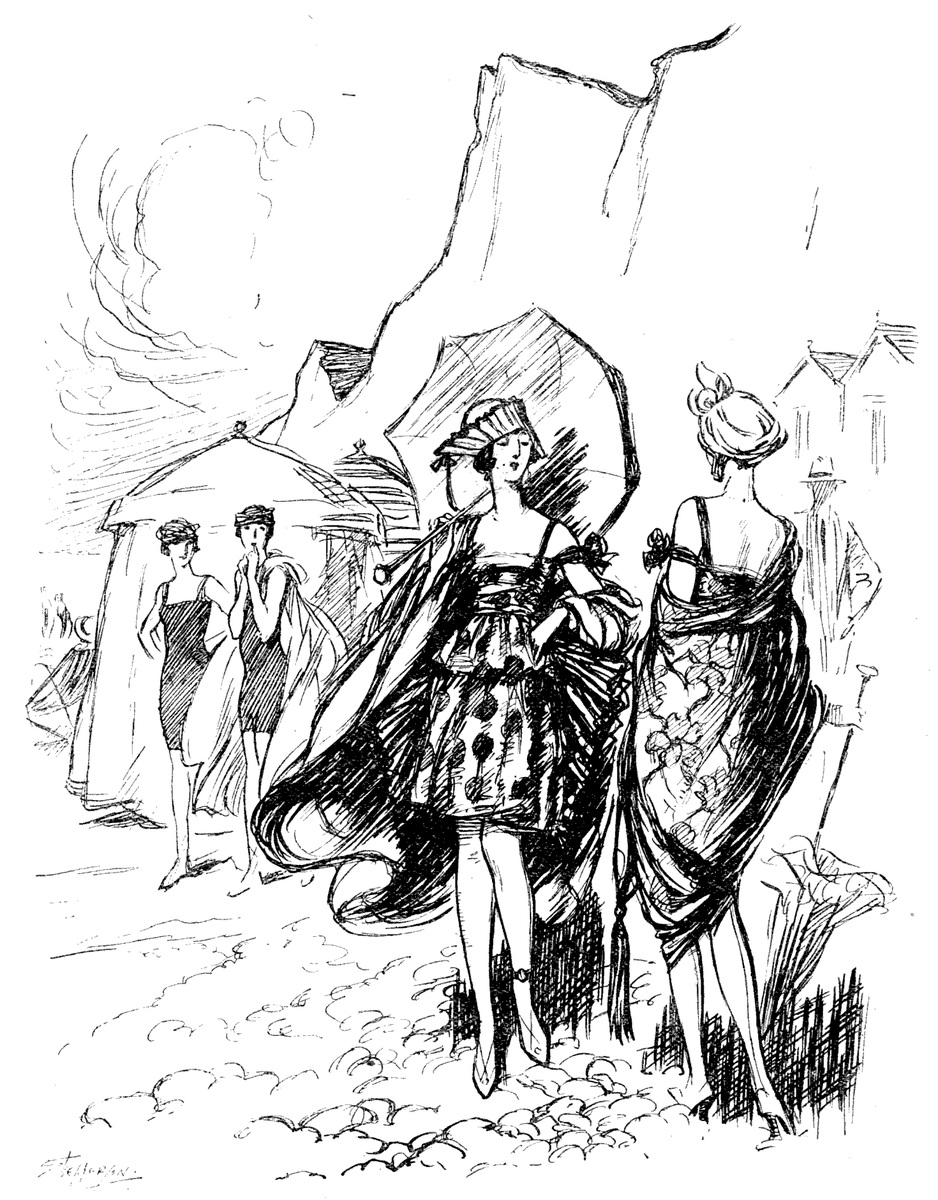 A satirical drawing of women on a beach wearing bathing costumes with ornate wraps, parasols and high-heeled shoes.